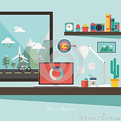 Work desk and accessories with a window view of mountain on flat design concept Vector Illustration